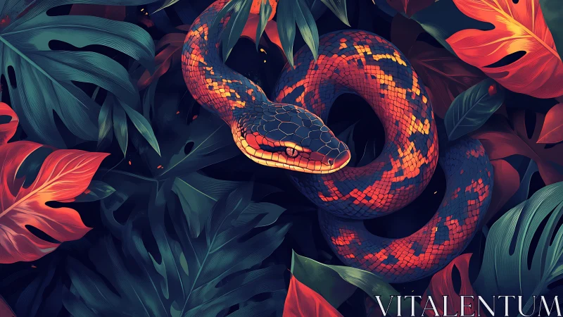 Coiled bioluminescent-style snake rendered amid stylized foliage