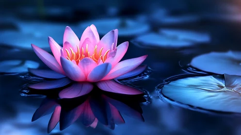 Midnight lotus blooms in luminous neon hush over water.