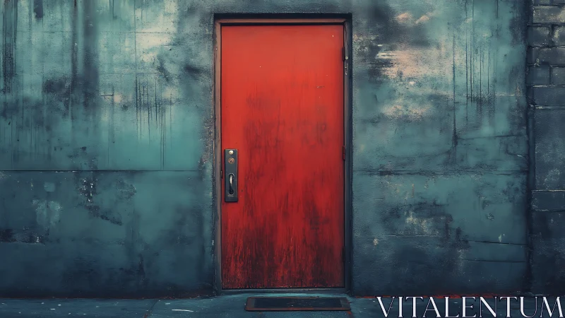 Weathered red door set in moody teal urban concrete wall.