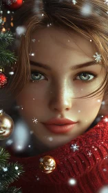 Winter portrait shows young woman framed by Christmas tree