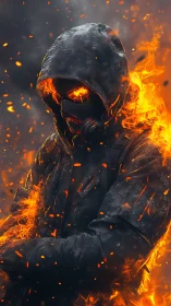 Hooded fire warrior stands engulfed in blazing inferno