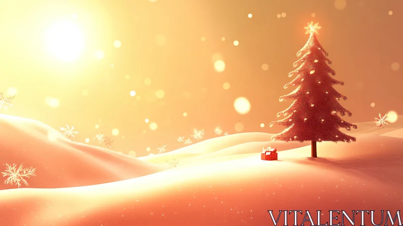 Glowing Christmas tree crowns snowy hills at golden sunset.