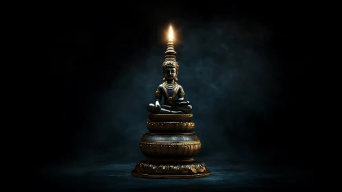 Bronze Buddha oil lamp rendered with high-contrast volumetric lighting
