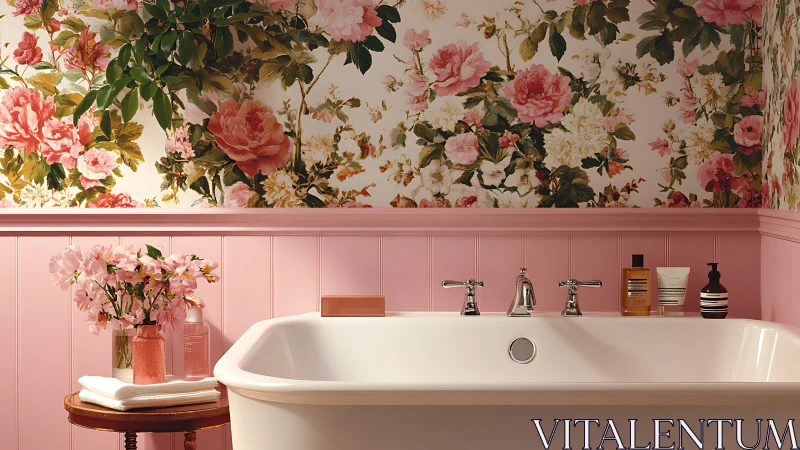 Bathroom interior with floral wallpaper and pink paneling.