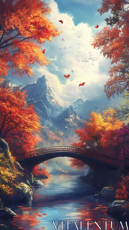 Crimson leafbridge under whispering mountains and painted sky.