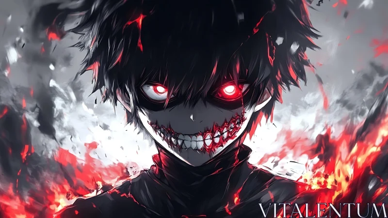 Demonic anime portrait renders fiery-eyed character in chiaroscuro