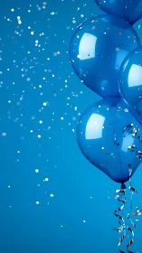 Blue balloons with ribbons against sky and white particles
