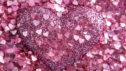 Glittery pink heart covered in shiny confetti shapes.