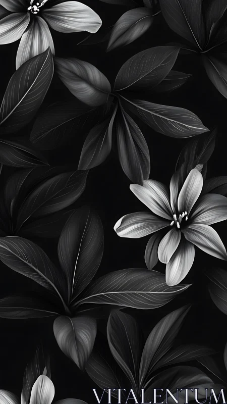 Monochrome botanical pattern with flowers and leaves.