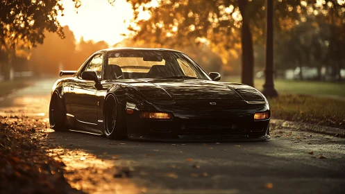 Low black sports coupe is parked on a tree-lined street