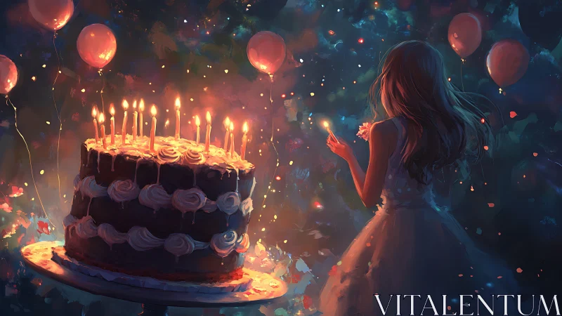 Illuminated Birthday Cake with Figure in Festive Setting.