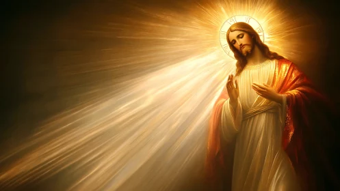 Radiant religious figure in golden light with glowing halo.