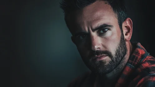 Low-key male portrait uses dramatic chiaroscuro and tight framing