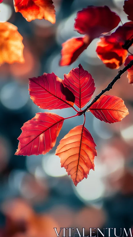 Crimson autumn leaves with shallow depth and cool bokeh glow.