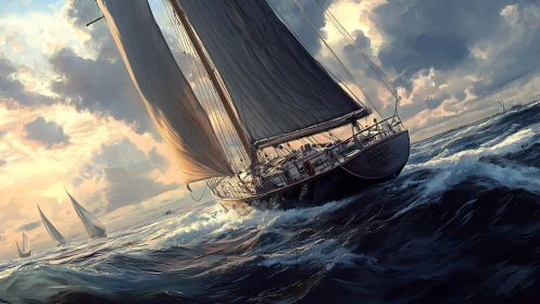 Large sailing yacht on angled course in moderate ocean swell.