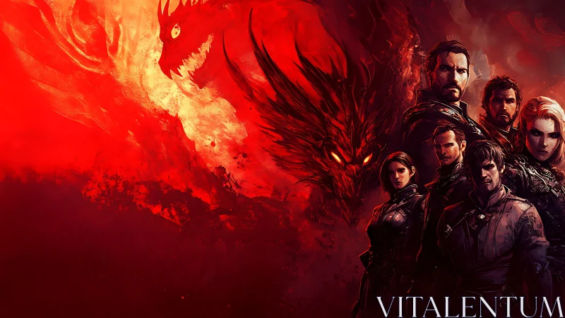 Human group before red spectral dragon in stylized scene.