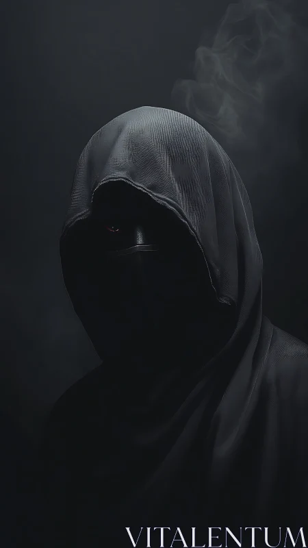 Hooded masked figure in low‑key chiaroscuro digital portrait