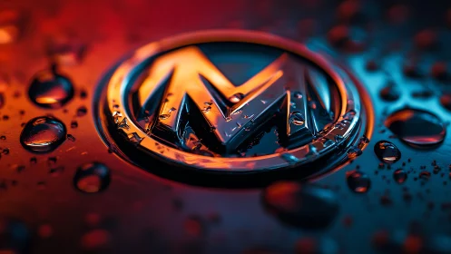 Liquid neon emblem glows under stormy droplets of light.