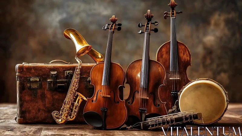 Assorted classical instruments aligned on rustic wooden table.
