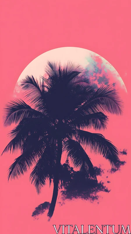 Silhouetted palm tree centered before a stylized rising sun