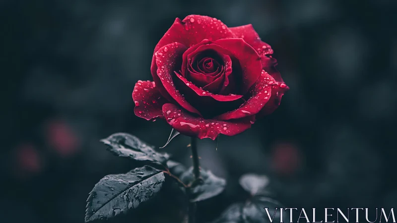 Red Rose with Water Droplets on Dark Background
