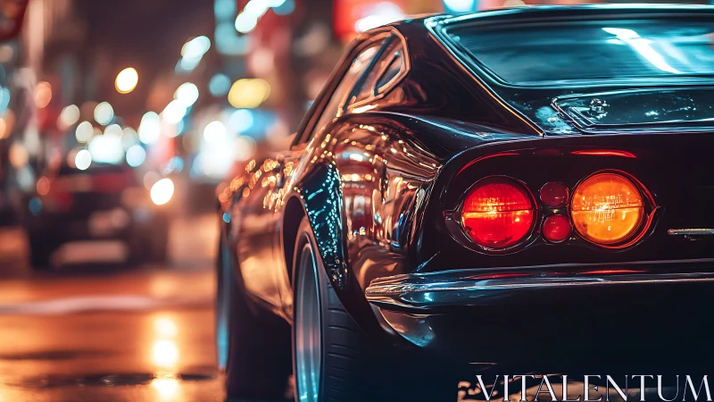 Classic sports car under neon city lights at night.