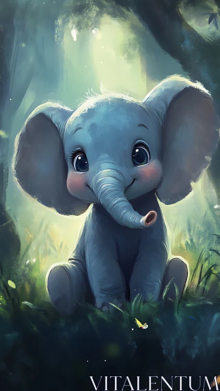 Sweet baby elephant smiling in a sunlit forest glade.