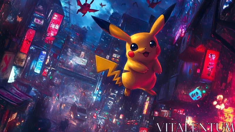 Pikachu floats above neon cyberpunk city under rainy night