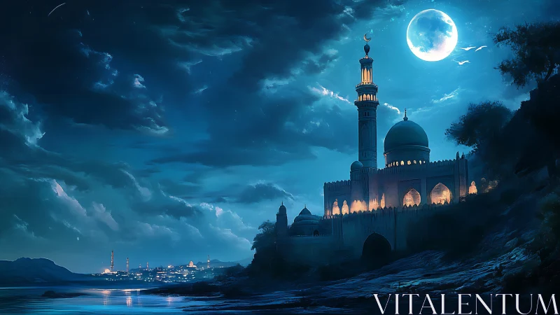 Moonlit mosque fortress crowns luminous coastal skyline.