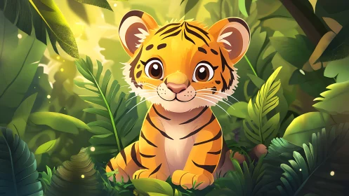 Bright-eyed tiger cub nestled in lush jungle foliage.
