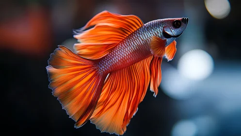 Photorealistic orange betta fish swims against dark backdrop
