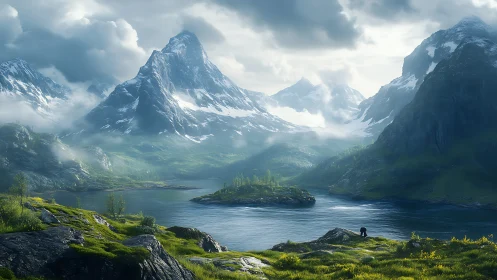 Emerald fjord dreams beneath brooding snowcapped titans.