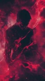 Silhouetted figure dissolves into red swirling energy cloud