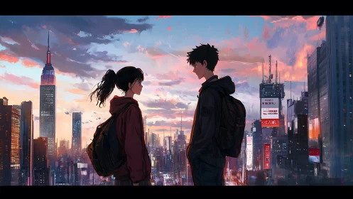 Sunset meeting between travelers above neon cityscape.