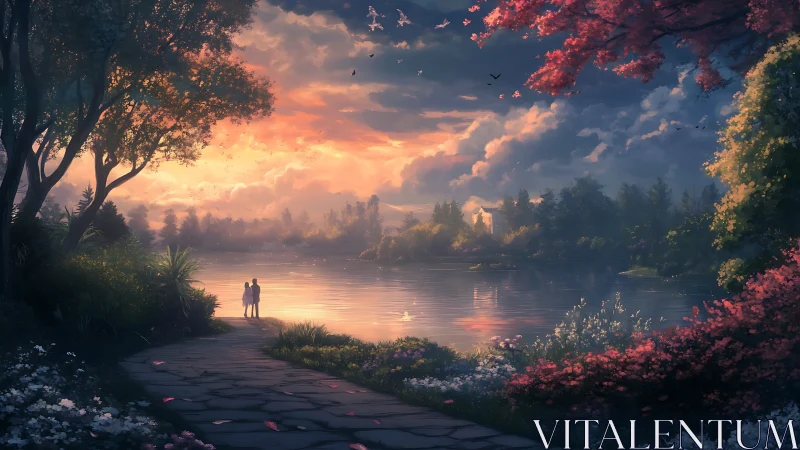 Romantic lakeside sunset under glowing blossom trees.