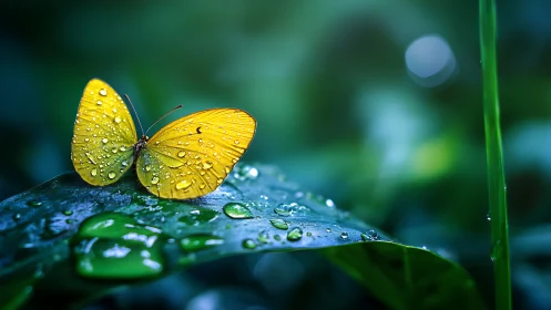 Golden butterfly resting on rain-kissed jungle leaf.