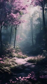 Forest stream with blooming trees and mist.