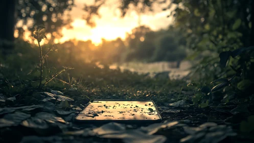 Forgotten smartphone in forest path reflecting sunset glow.