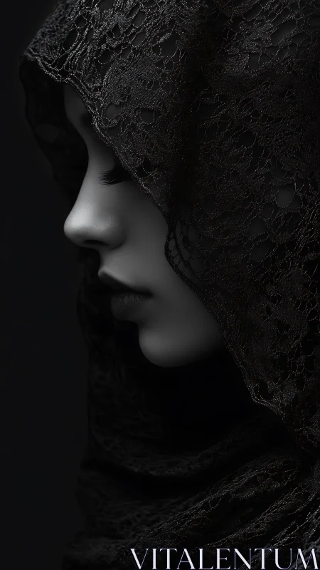 Veiled female profile in intricate black lace shroud.