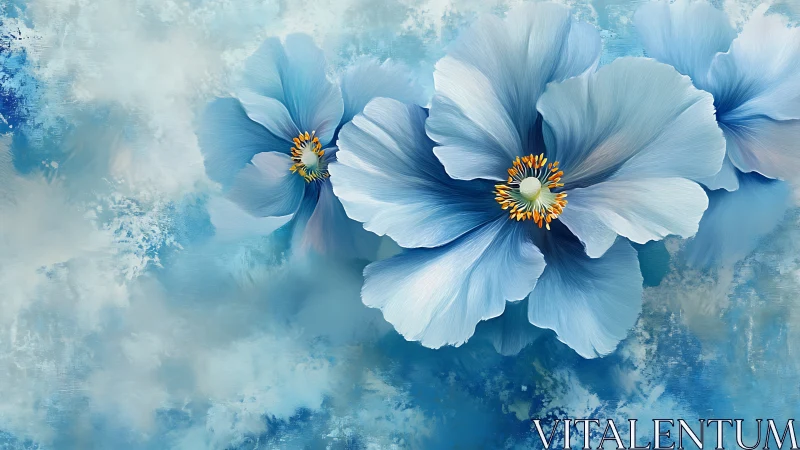 Blue cosmos flowers with golden centers on watercolor background.
