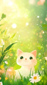 White cat with green eyes sits in sunlit spring garden.