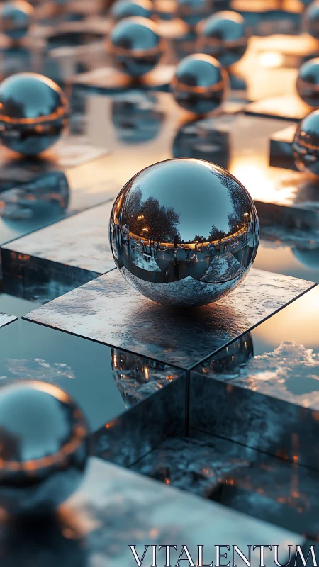 Reflective chrome spheres on metallic grid with sunset bokeh glow