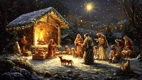 Nativity scene shows figures around manger in snowy night