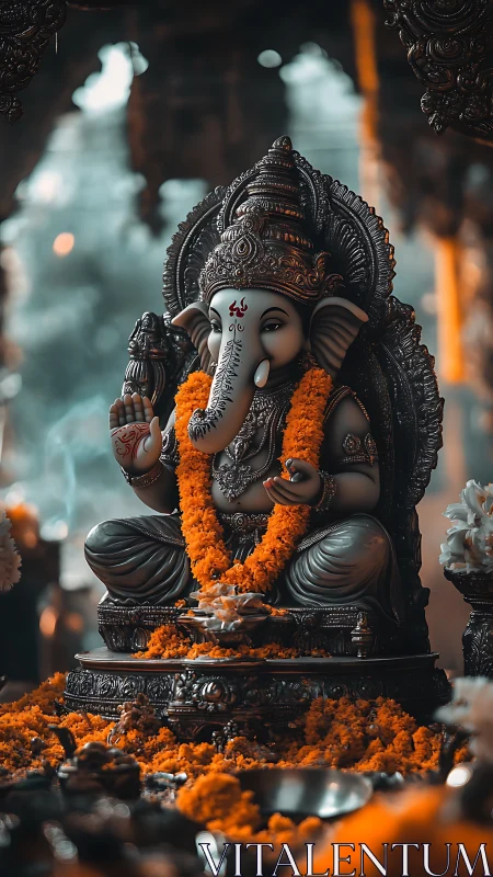 Gentle radiance of a marigold-adorned Ganesh idol at prayer.