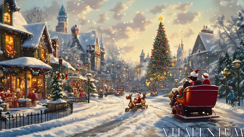 Snowy village Christmas Eve with festive sleigh rides.