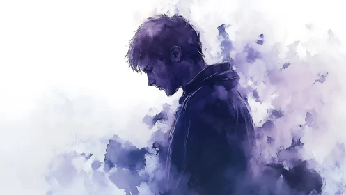 Solitary male profile in violet watercolor dispersion field