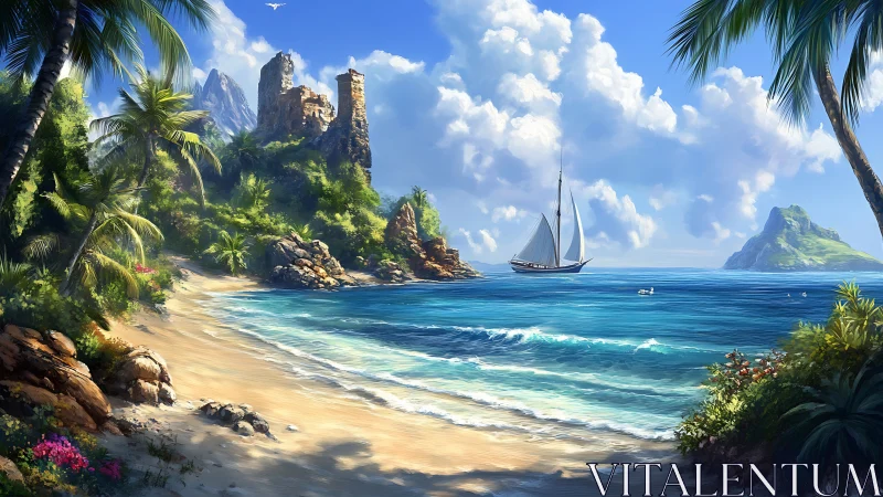 Tropical Archipelago Seascape with Sailboat and Geological Formations.