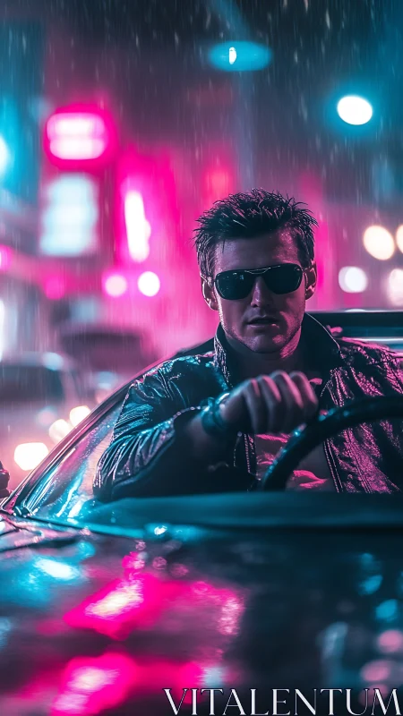 Neon-soaked driver under rain in retro cyberpunk city street.