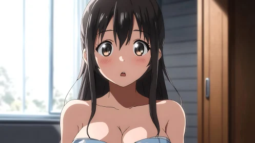 Surprised anime girl in soft indoor light close-up portrait.