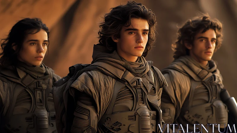 Desert-clad wanderers weigh destiny beneath molten dunes